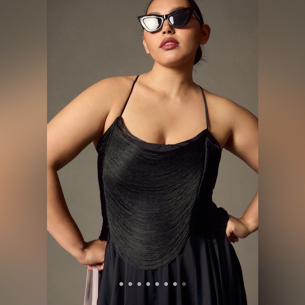 NWT Anthropologie Fringe Bodice Mini Dress — black — size 14 / large - Picture 2 of 10